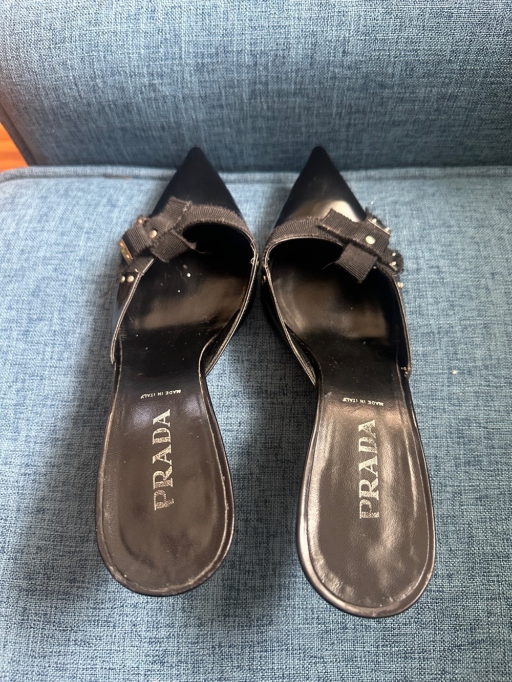 Prada Black Pointed-Toe Bow Slip-On Mules